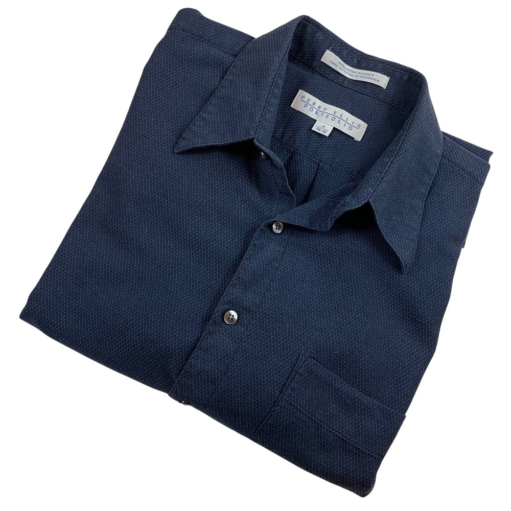 Perry Ellis Portfolio Mens Navy Blue Textured Cotton Button Down Shirt 17‎ 34-35